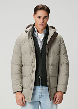 Bej Kapüşonlu Puff Mont