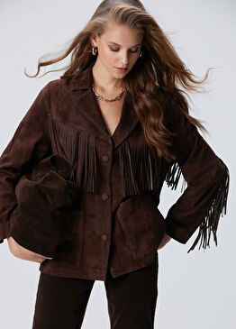 Acı Kahve Püskül Detaylı Süet Deri Mont