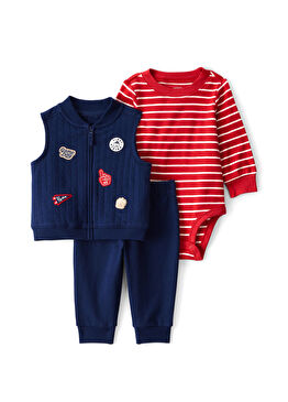 Mavi Yelek Pantolon ve Çıtçıtlı Body Erkek Bebek 3'lü Set