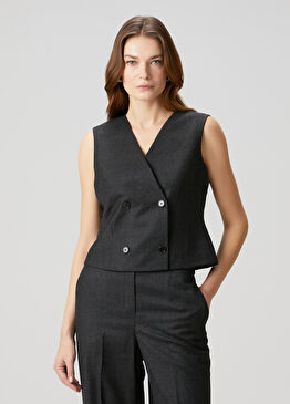 Koyu Gri Kruvaze Yün Yelek