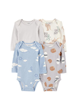 Renkli Çıtçıtlı Uzun Kollu Erkek Bebek 4'lü Body Seti