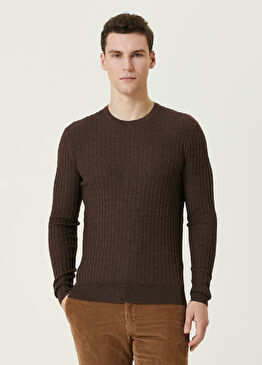 Kahverengi Çizgi Dokulu Yün Kazak