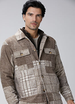 Bej Desenli Yün Karışımlı Dış Gömlek