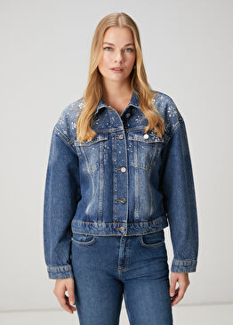 Mavi Serpme Taşlı Denim Ceket