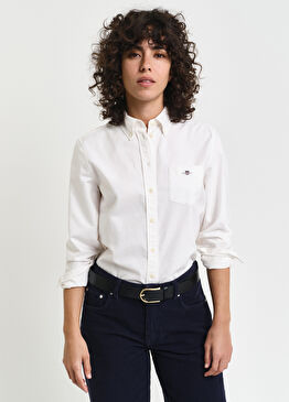 Beyaz Düğmeli Yaka Regular Fit Uzun Kollu Kadın Oxford Gömlek