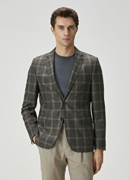 Kahverengi Ekose Desenli Yün Ceket