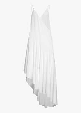 Asym Beyaz Asimetrik Kesim Midi Elbise