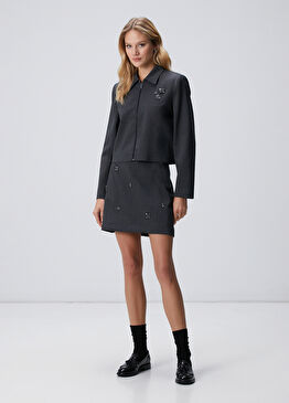 Koyu Gri Yün Karışımlı Mini Etek