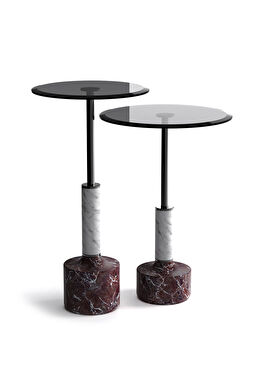 Lope Siyah Cam Tablalı Mermer Ayaklı 2'li Yan Sehpa Seti