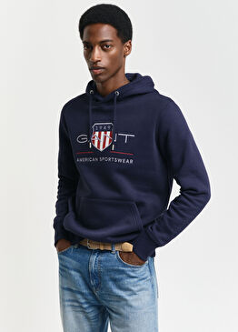 Lacivert Logolu Kapüşonlu Regular Fit Erkek Sweatshirt