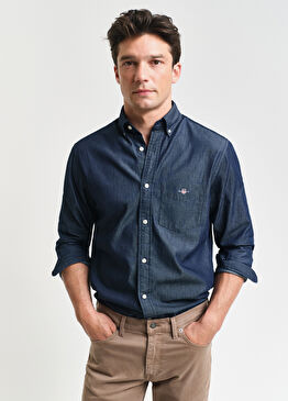 Lacivert Düğmeli Yaka Regular Fit Uzun Kollu Erkek Gömlek