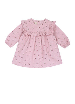Pembe Çiçek Desenli Uzun Kollu Kız Bebek Elbise