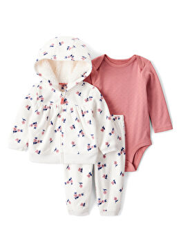Ekru Çiçek Desenli Kapüşonlu Hırka Uzun Kollu Body Pantolon Kız Bebek 3'lü Set