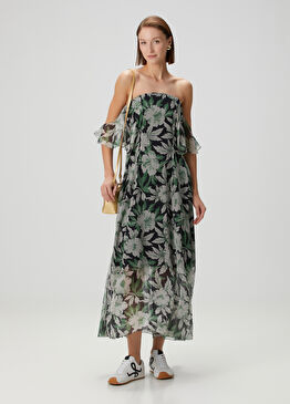 Siyah Çiçekli Midi İpek Elbise