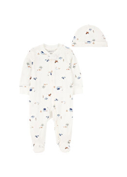 Ekru Uzun Kollu Tulum ve Şapka Erkek Bebek 2'li Set