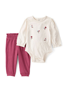 Pembe Baskılı Uzun Kollu Çıtçıtlı Body ve Pantolon Kız Bebek 2'li Set