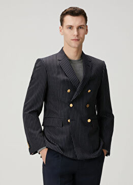 Lacivert Çizgili Yün Ceket