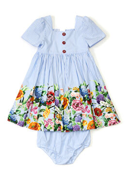 Mavi Çiçek Desenli Kız Bebek Elbise