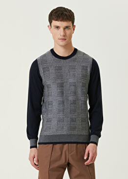 Lacivert Geometrik Jakarlı Yün Kazak