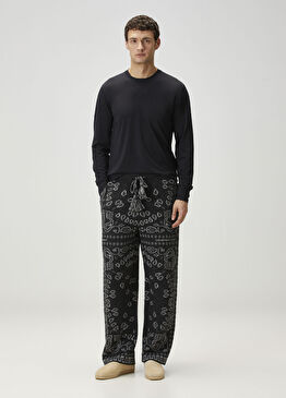 Gri Beli Kordonlu Etnik Desenli Yün Pantolon