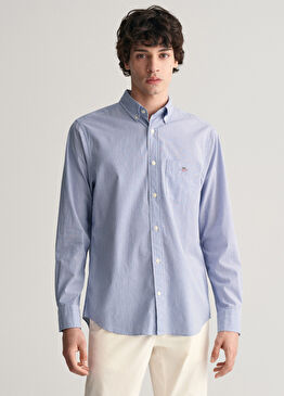 Mavi Çizgili Düğmeli Yaka Regular Fit Uzun Kollu Erkek Gömlek