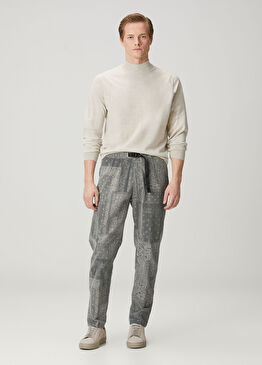 Gri Beli Kemerli Etnik Desenli Keten Pantolon