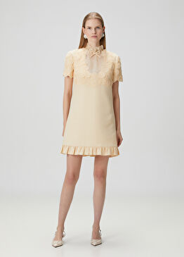 Krem Mini Yün Kokteyl Elbise