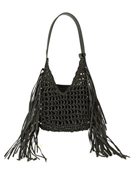 Siyah Püskül Detaylı Kadın Rafya Çanta