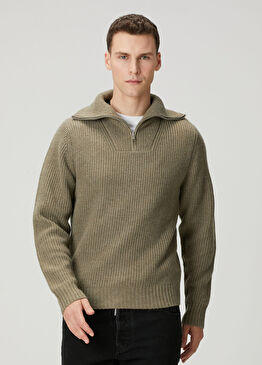 Haki Yakası Fermuarlı Yün Kazak