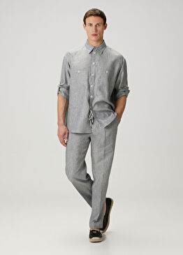 Gri Beli Kordonlu Keten Pantolon