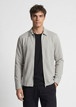Gri Slim Fit Çizgili Göğüs Cep Detaylı Dış Gömlek