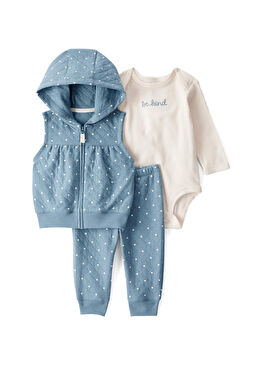Mavi Yelek Pantolon ve Çıtçıtlı Body Kız Bebek 3'lü Set