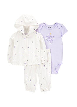 Ekru Hırka Pantolon ve Mor Çıtçıtlı Body Kız Bebek 3'lü Set
