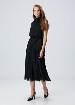 Siyah Payetli Tül Midi Etek