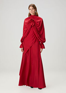 Kırmızı Drapeli Maksi İpek Abiye Elbise