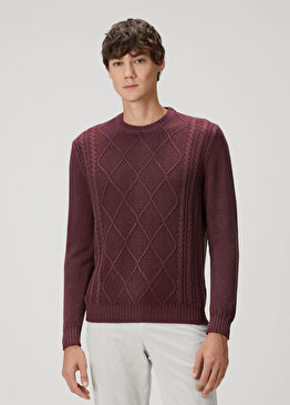 Bordo Geometrik Jakarlı Yün Kazak