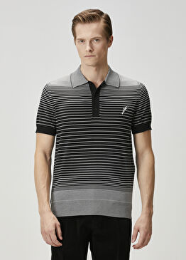Siyah Beyaz Çizgili İpek Polo Triko