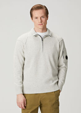 Krem Yakası Fermuarlı Yün Kazak