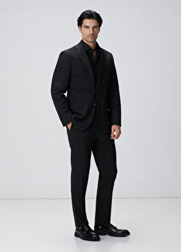 Slim Fit Siyah Yün Karışımlı Takım Elbise