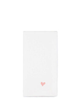 Love Pembe Kalp Nakışlı Beyaz Keten Servis Peçetesi