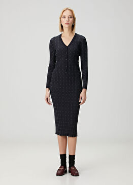 Lacivert Kareli Midi Yün Etek