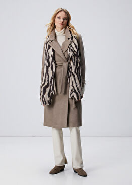 Vizon Diyagonal Desen Kuşaklı Uzun Palto