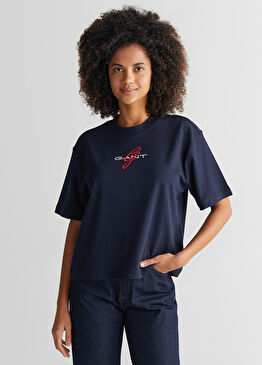 Lacivert Logolu Bisiklet Yaka Kısa Kollu Kadın T-Shirt