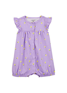 Mor Limon Desenli Kız Bebek Kısa Tulum