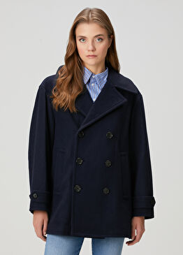 Lacivert Kruvaze Yün Kaban