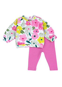 Çiçek Desenli Uzun Kollu T-Shirt & Pantolon Kız Bebek 2'li Set 