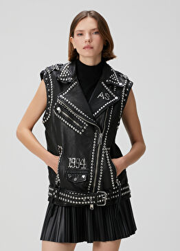 Billie Siyah Troklu Deri Yelek