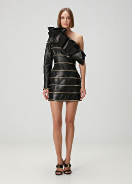 Siyah Asimetrik Mini Deri Kokteyl Elbise