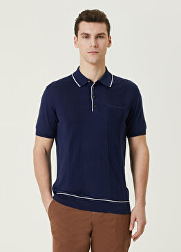 Mavi Polo Yaka Çizgi Jakarlı Kısa Kollu Triko