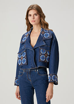 Koyu Mavi Boncuk İşlemeli Crop Ceket